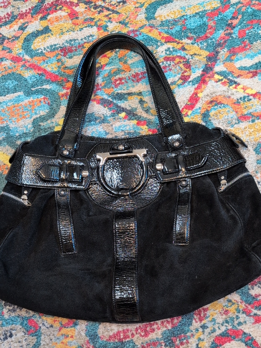 Salvatore Ferragamo Vintage Black Patent Leather And Suede Shoulder Bag